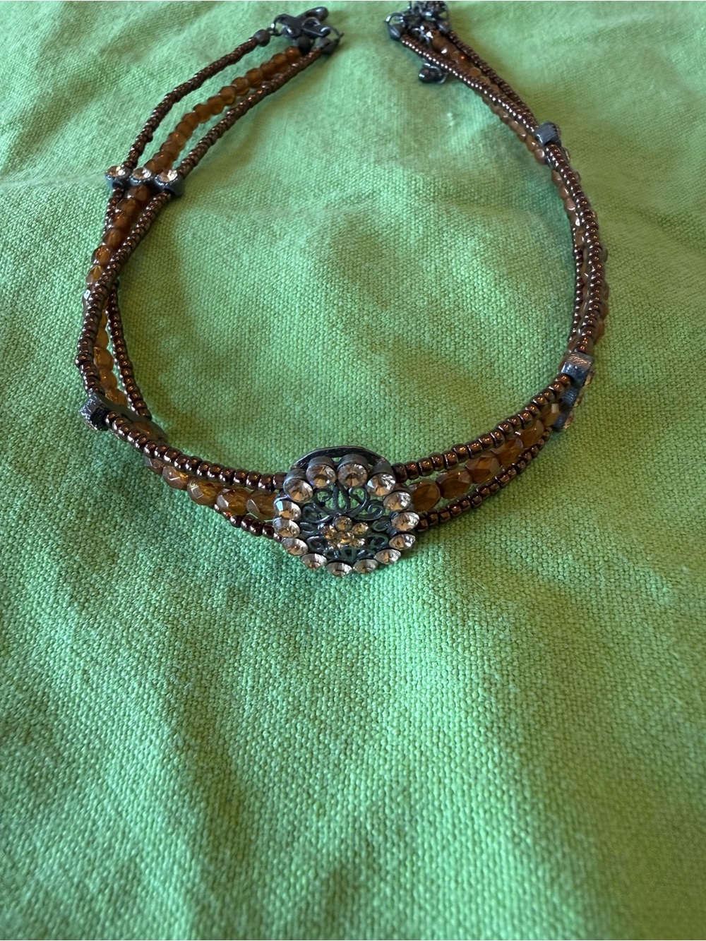 Y2K Brown Beaded Multi-Strand Choker with Crystal Medallion